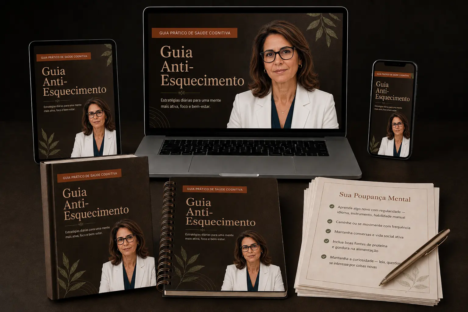 Guia Anti-Esquecimento em laptop, tablet, celular, livro impresso, caderno espiral e checklist com caneta